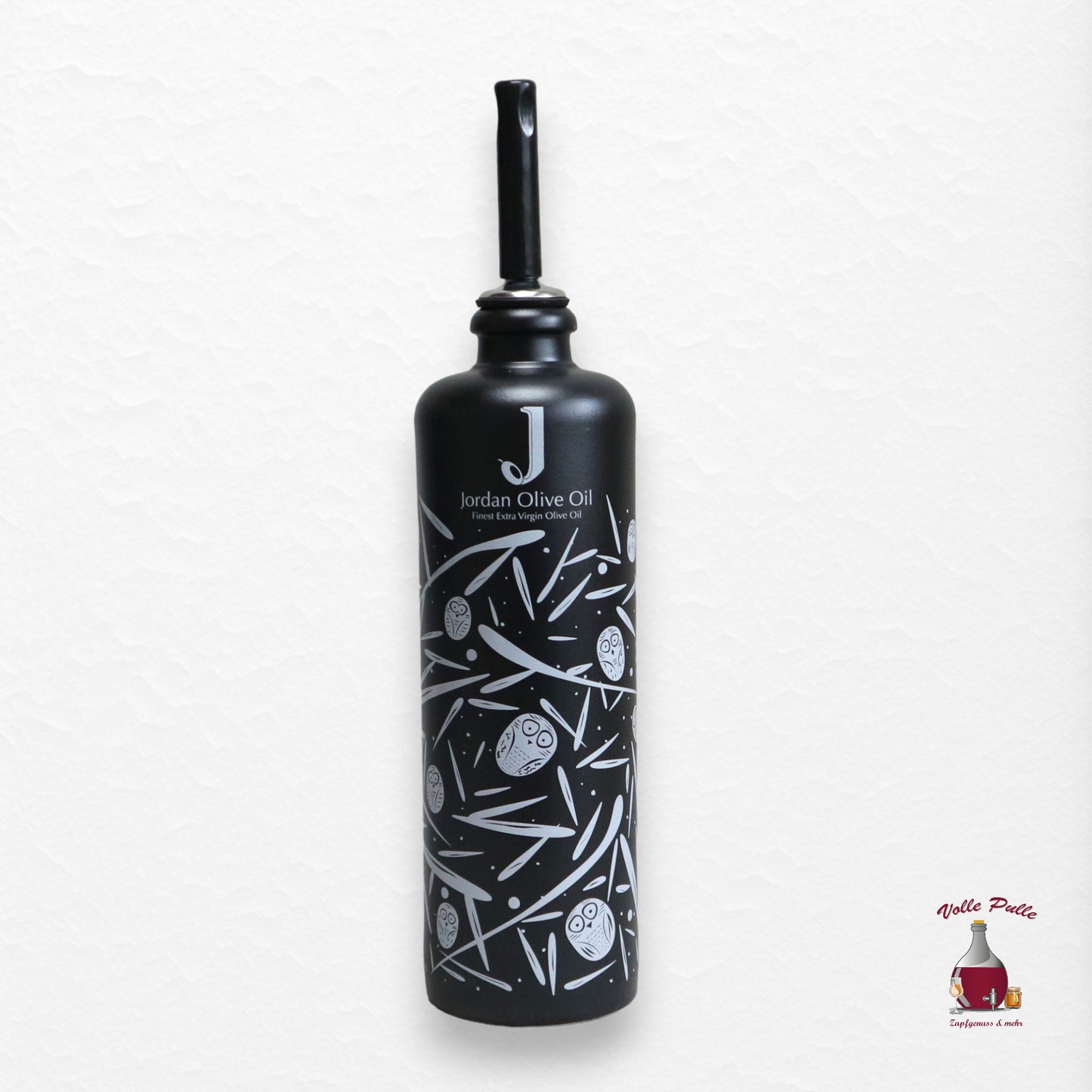 Jordan Keramikflasche - matt schwarz mit weißen Symbolen - inkl. Edelstahl-Öl-Ausgießer - 500 ml